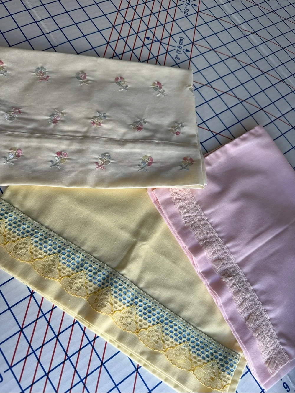 Lot 3 Vintage Pillowcases Embroidered Floral Pink Yellow Lace Cottage